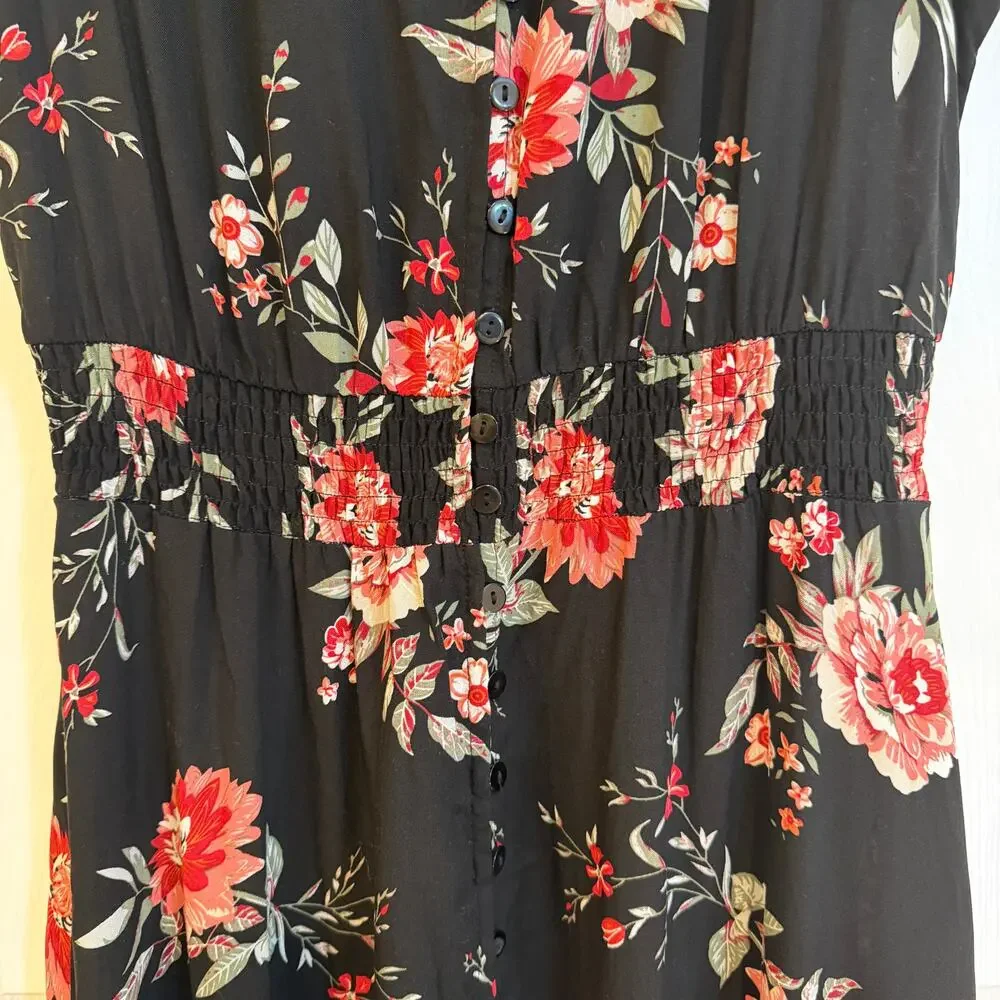 Rusttydustty Floral Boho Maxi Dress‎ Black Button Front XL Cottagecore Romantic - Picture 3 of 11